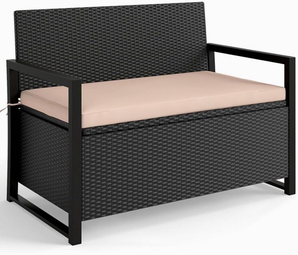 PE Rattan Metal Frame Rustic Storage Bench with 40 Gal Compartment 800lb Capacity Weather-Resistant 24.5x46x33.5in for Patio - Brown