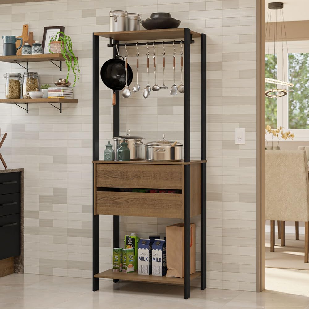 Madesa Kitchen Pantry Storage Rack 27" L with 2 Drawers and Hanging Space Multiuse Cabinet - Black/Brown