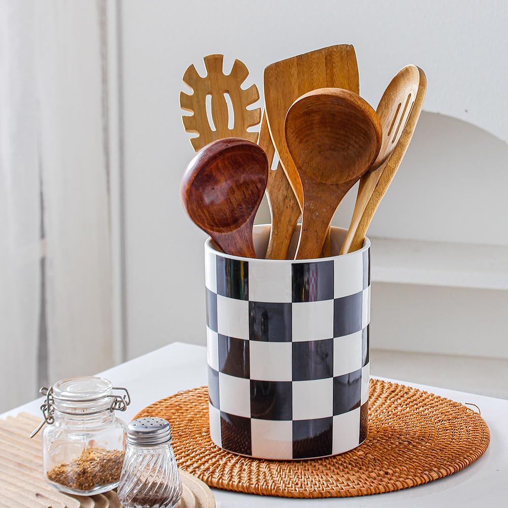 Kitchen Utensil Holder, 6.3 Inch Checkered Ceramic Cooking Utensil Holder Modern Utensil Crocks for Kitchen Counter-Farmhouse, Housewarming Gift, Decor and Accessories (Black, 6.3 Inch)