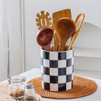 Kitchen Utensil Holder, 6.3 Inch Checkered Ceramic Cooking Utensil Holder Modern Utensil Crocks for Kitchen Counter-Farmhouse, Housewarming Gift, Decor and Accessories (Black, 6.3 Inch)