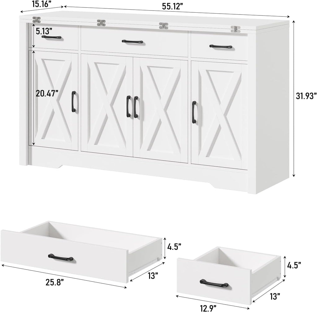 Yanosaku 55" Extendable Buffet Cabinet, Modern Farmhouse Kitchen Sideboard with 3 Drawers & Adjustable Shelves, Space-Saving Storage Credenza for Apartment, Small Spaces, Living Room, White