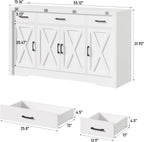 Yanosaku 55" Extendable Buffet Cabinet, Modern Farmhouse Kitchen Sideboard with 3 Drawers & Adjustable Shelves, Space-Saving Storage Credenza for Apartment, Small Spaces, Living Room, White
