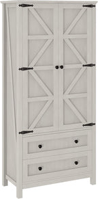 DWVO 64.5" H Kitchen Pantry Cabinet, Storage Cabinet with Barn Doors, 2 Drawers and Adjustable Shelves, Farmhouse Cupboard for Dining Room, Living Room, Bathroom, Off White