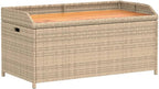 Beige Brown Outdoor Storage Bench, Acacia Wood Poly Rattan Patio Furniture, Weatherproof Garden Seating for Porch, 2-Person Capacity Bench Seating