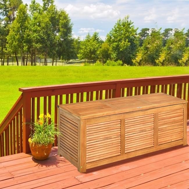 47 Gal Acacia Wood Storage Bench, 355lb Capacity Seats 2, Breathable Slats for Garden Tools & Patio