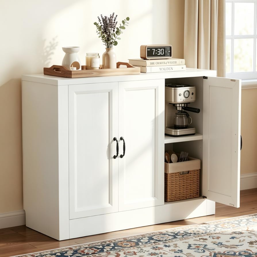 39" Modular Buffet Sideboard Cabinet, Expandable Storage Cabinet System, 3-Door Coffee Bar Cabinet with Adjustable Shelves, Waterproof Media Console for Living Room, White