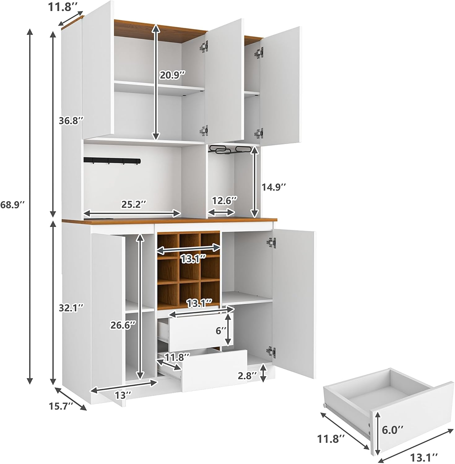 VERYKE 68.9'' Tall Kitchen Pantry with Microwave Shelf&Charging Station,Freestanding Kitchen Storage Cabinet with Hutch,Wood Buffet Hutch Liquor Cabinet for Home & Dining Room
