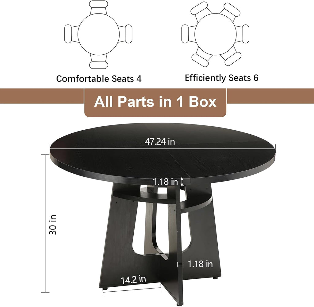47" Round Dining Table for 4-6 Black, Farmhouse Wood Circle Dinner Table, Modern Wooden Circular Dinner Tables Easy Assembly for Dining Room/Kitchen/Living Room/Apartment (Table Only)