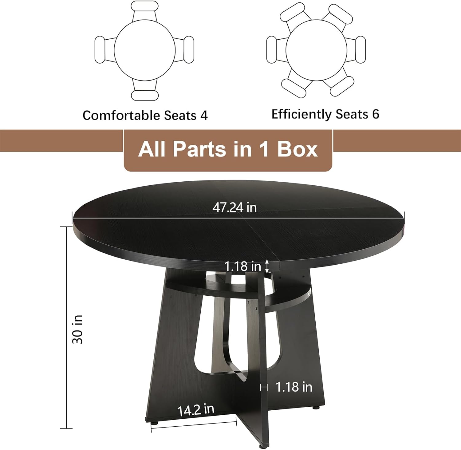 47" Round Dining Table for 4-6 Black, Farmhouse Wood Circle Dinner Table, Modern Wooden Circular Dinner Tables Easy Assembly for Dining Room/Kitchen/Living Room/Apartment (Table Only)