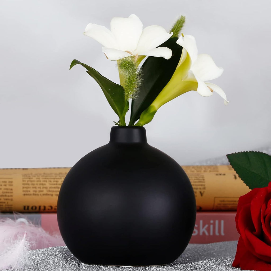 Black Ceramic Vase, Small Cute Flower Vase for Flowers Plants, Matte Vases for Modern Table Shelf Home Decor Wedding Boho Decor, Ceramic Vase for Pampas Grass Fluffy Stem Bouquet Flowers
