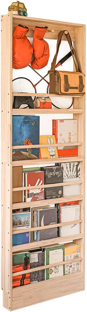 Wooden Kids Bookshelf, Wall Mount Shelf with Hooks, Organizer for Toys and Books, Space-Saving | with Hooks