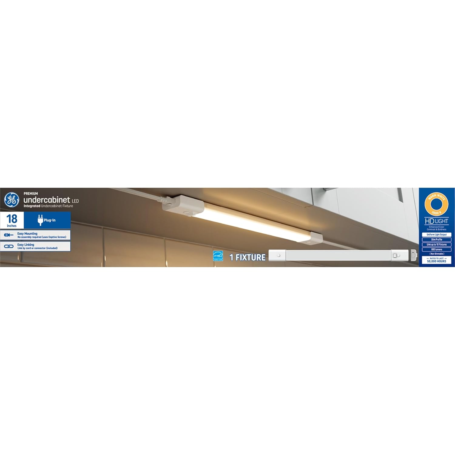 GE LED HD+ Undercabinet Light Fixture, Linkable Integrated Slim Profile Fixture for Kitchens, Warm White Color, Plug-in, 18in (1 Pack)