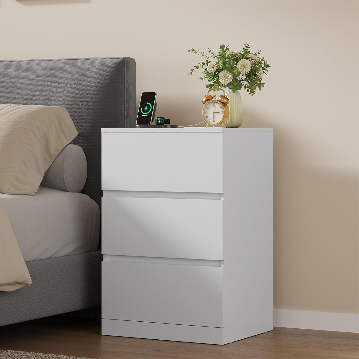 Nightstands Set of 2 with Charging Station and Hidden Drawer, 26"H, White | Bedside Table with 4 Drawers, Modern Night Stand for Bedroom, Side Table with Storage 18.9" W x 15.7" D x 26" H