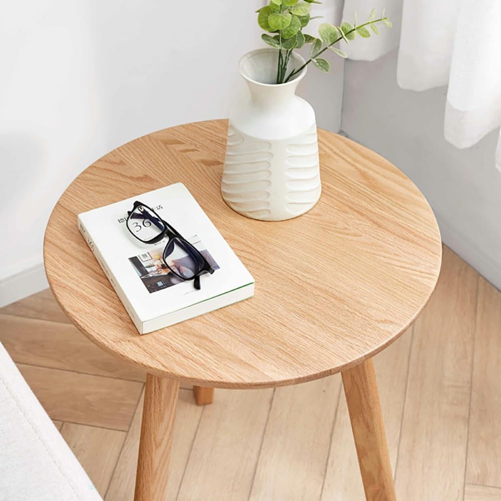 Round End Table, Small Side Table for Living Room Bedroom Balcony, Natural Solid Oak Wood Nightstand with 3-Leg Design, Stable Wood for Tight Spaces, Elegant Finish (Natural)