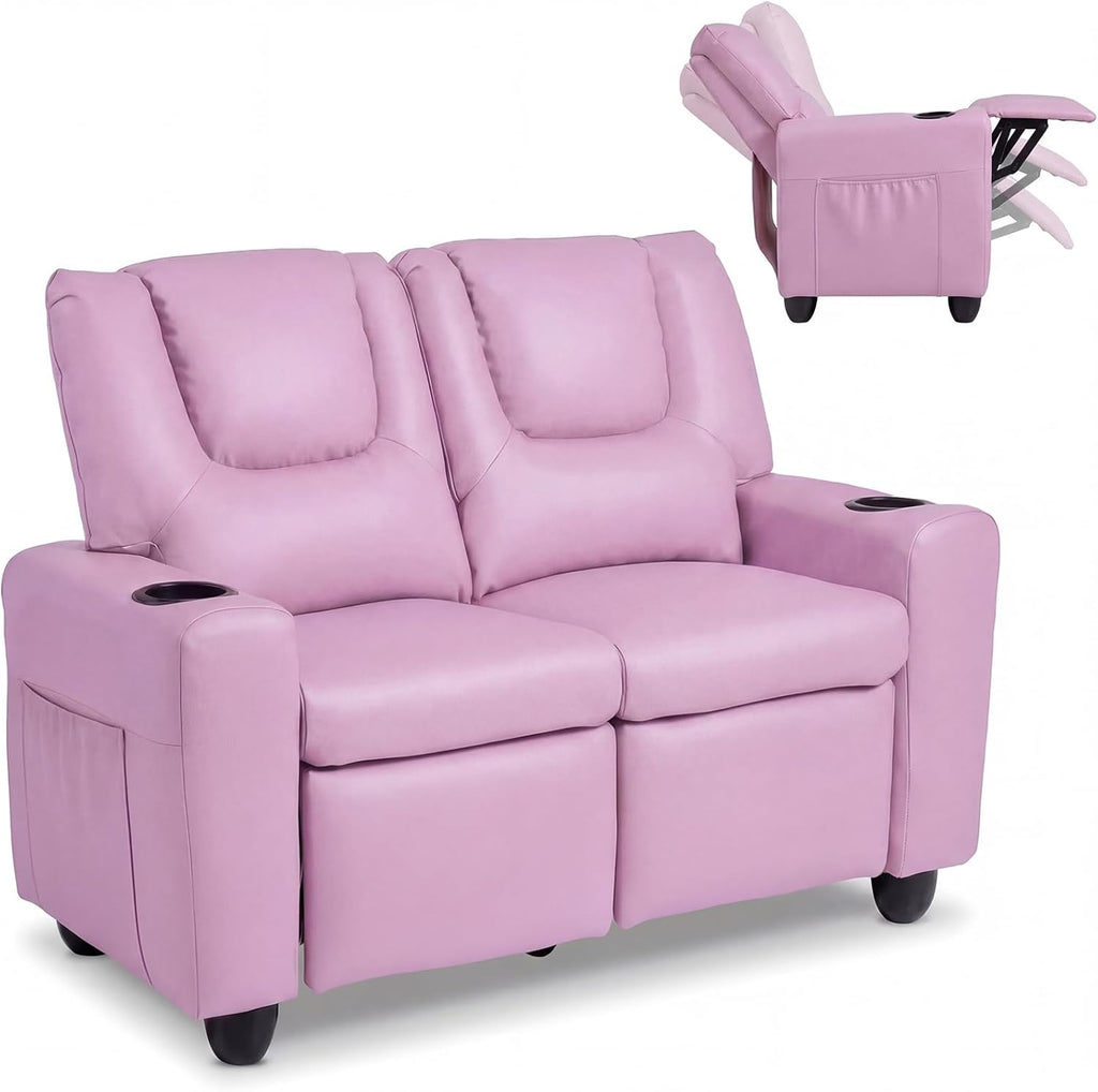 Olakids Kids Recliner, Double Toddler Lounge Chair with 105° to 150° Adjustable Backrest Cup Holder Footrest Side Pockets, PU Leather Children Couch (Pink)