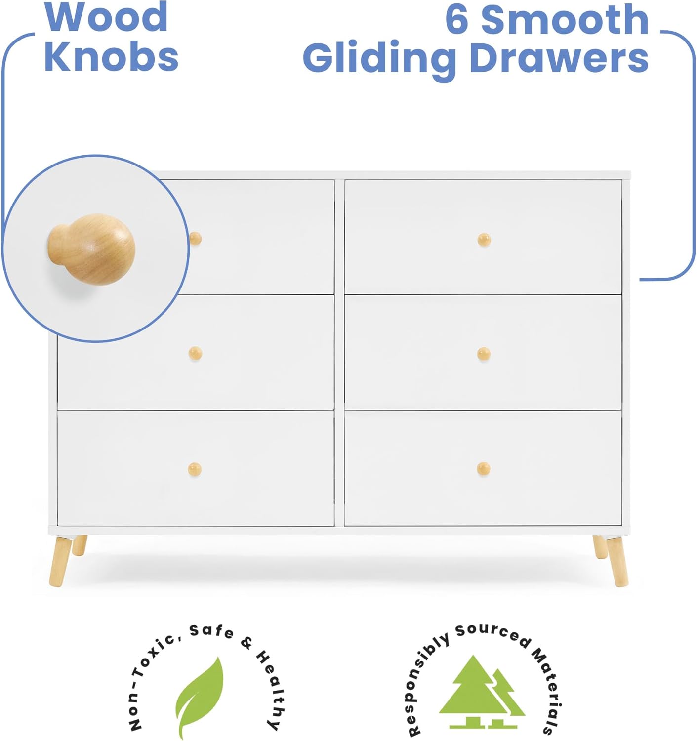 Delta Children Essex 6 Drawer Dresser, Bianca White/Natural