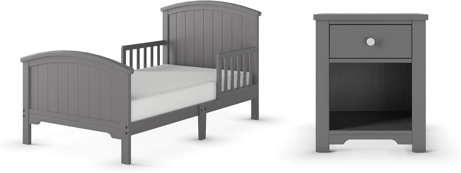 Child Craft Hampton Toddler Bed and Nightstand Bedroom Furniture Set, 2 Piece, Low to Ground Bed Design (Cool Gray)