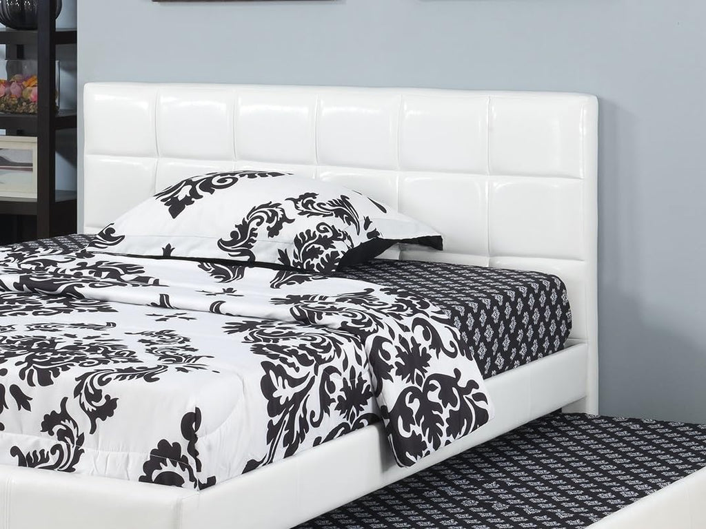 Full Size Bed w, Trundle Slats White Faux Leather Upholstered Plywood Youth Bedroom Furniture Wooden Slats