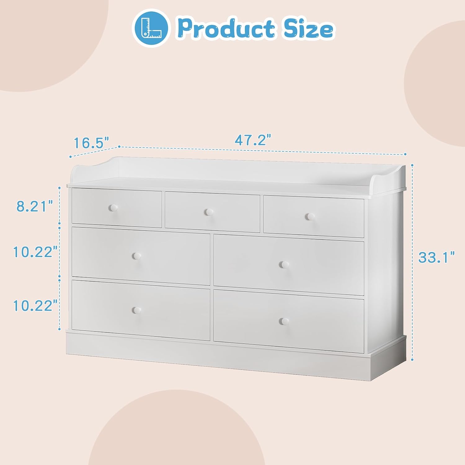Vabches Kids Dresser Cabinet with 7 Drawers and Large Table Top, Multi-Functional Chest of Drawers, Baby Dresser, Kids Bedroom Furniture, Nightstand for Child’s Room, White