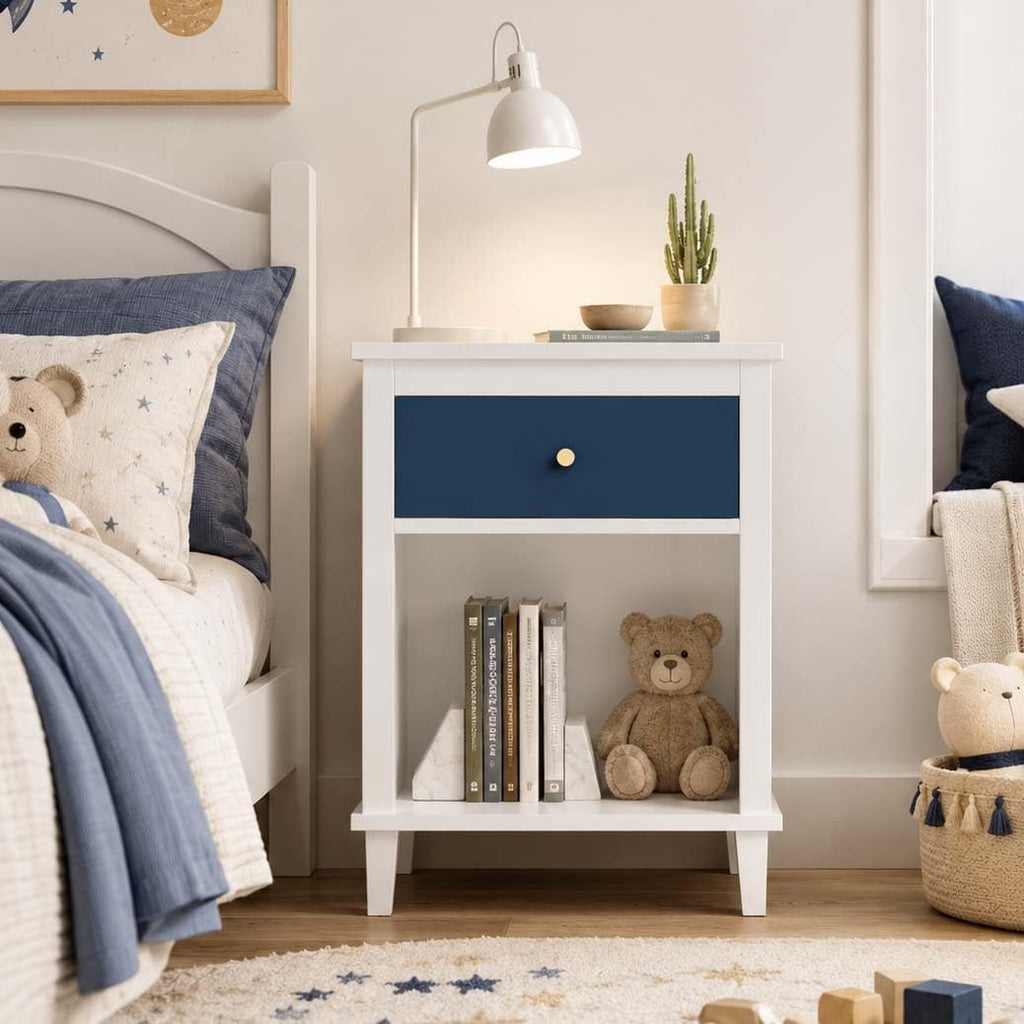 Kids Nightstand with One Drawer, Modern Wood Bedside Table with Open Storage Shelf, Night Stand End Table for Boys Girls Bedroom (Navy, White)