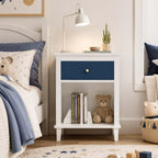 Kids Nightstand with One Drawer, Modern Wood Bedside Table with Open Storage Shelf, Night Stand End Table for Boys Girls Bedroom (Navy, White)
