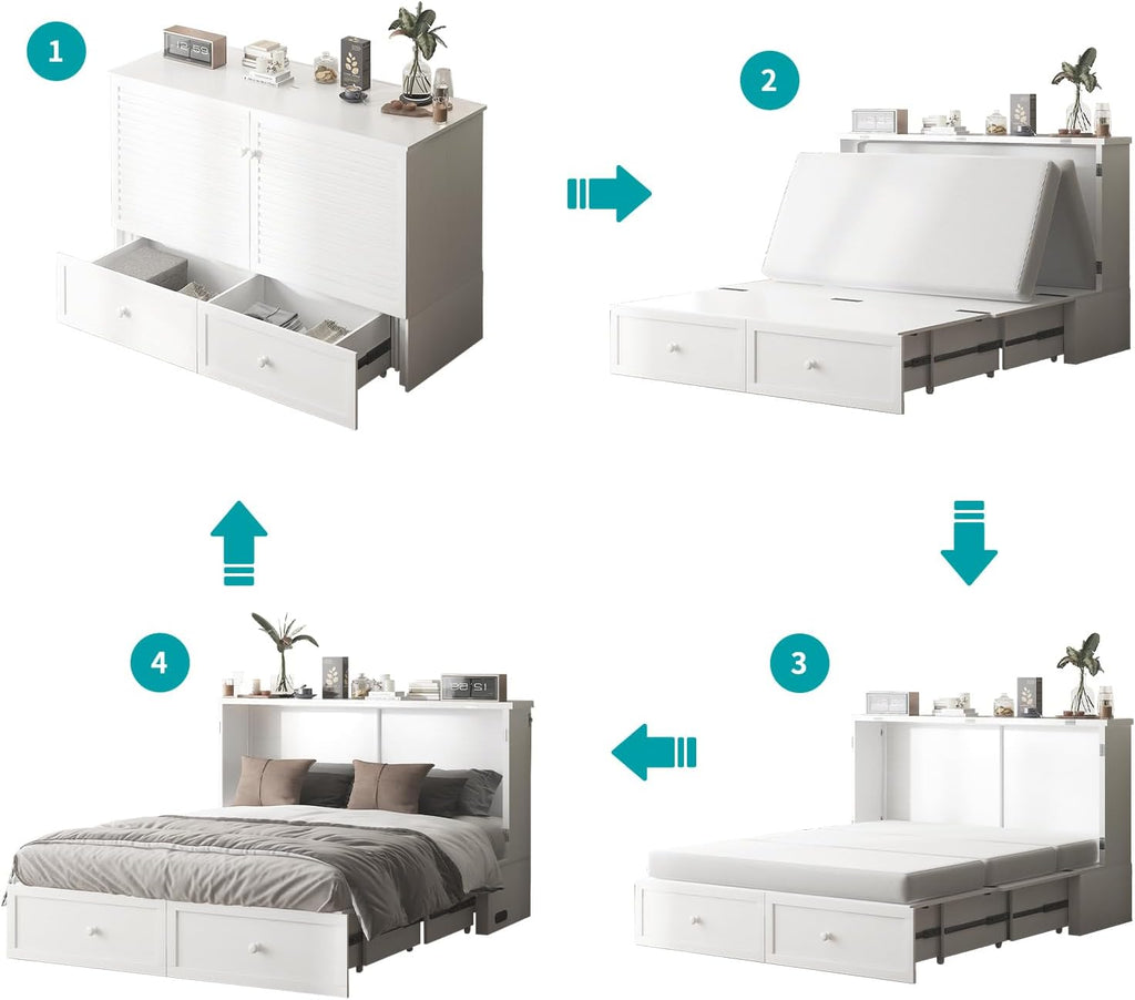 BALUS 63.3“W Murphy Bed Queen, Cabinet Bed with USB Ports & Large Storage Drawer, Wooden Murphy Cabinet Beds, Queen Wall Bed for Living Room/Bedroom -White