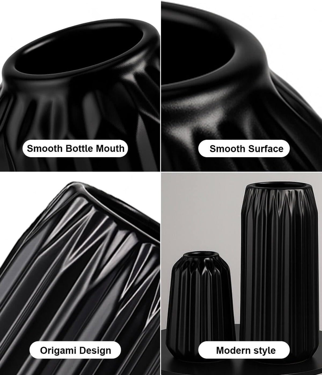 Black Ceramic Vases Set of 3 – Modern Ribbed Vase Centerpieces for Pampas Grass, Eucalyptus, Dried or Fresh Flowers, Minimalist Home Decor for Living Room, Bookshelf, Table & Office