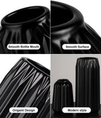 Black Ceramic Vases Set of 3 – Modern Ribbed Vase Centerpieces for Pampas Grass, Eucalyptus, Dried or Fresh Flowers, Minimalist Home Decor for Living Room, Bookshelf, Table & Office