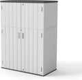 Multi-Function Gray Storage Tower, Measuring 52x28x69 Inches - A Weatherproof Solution for Organizing Tall Tools and Storage