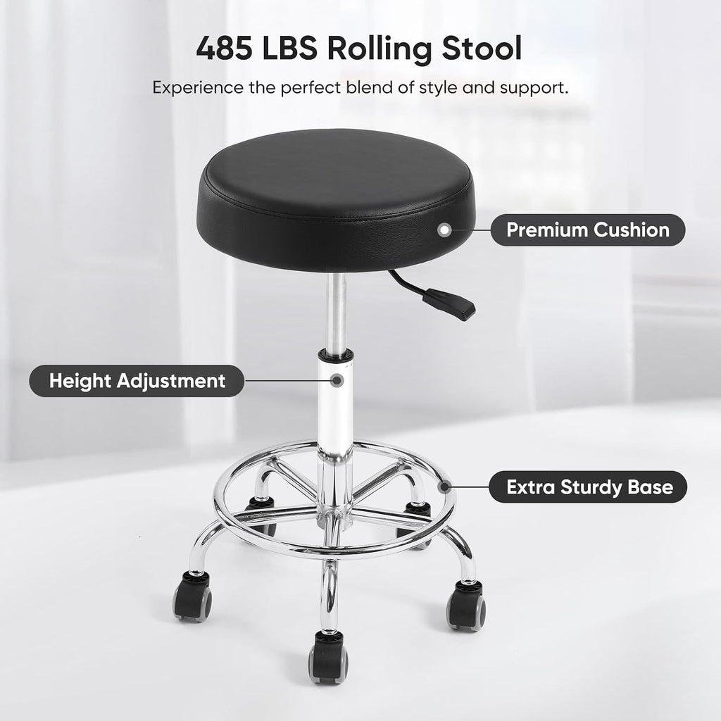 Adjustable Rolling Stool with Wheels & Footrest, 485lb Capacity Drafting Stool Chair, Swivel Salon Spa Tattoo Medical Office Chair, Black