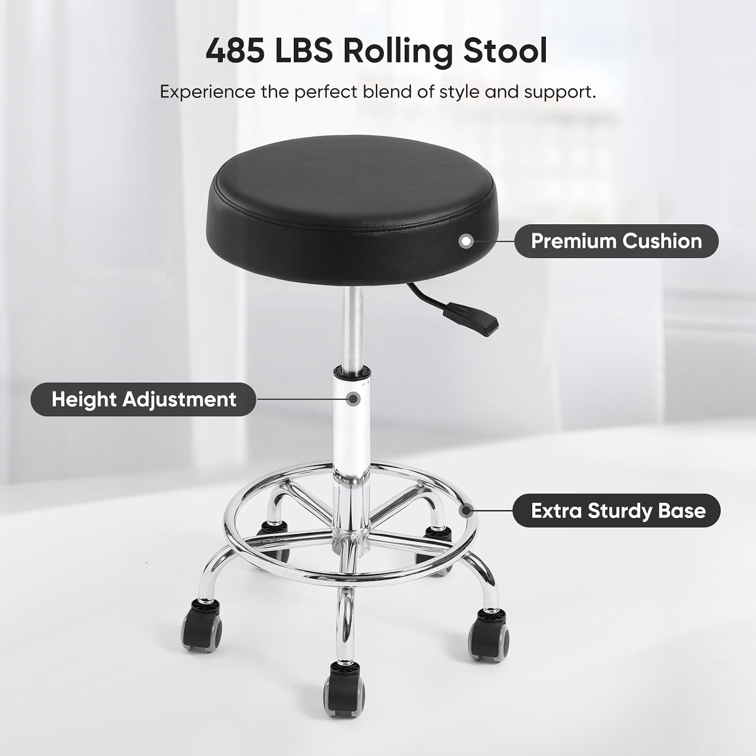 Adjustable Rolling Stool with Wheels & Footrest, 485lb Capacity Drafting Stool Chair, Swivel Salon Spa Tattoo Medical Office Chair, Black