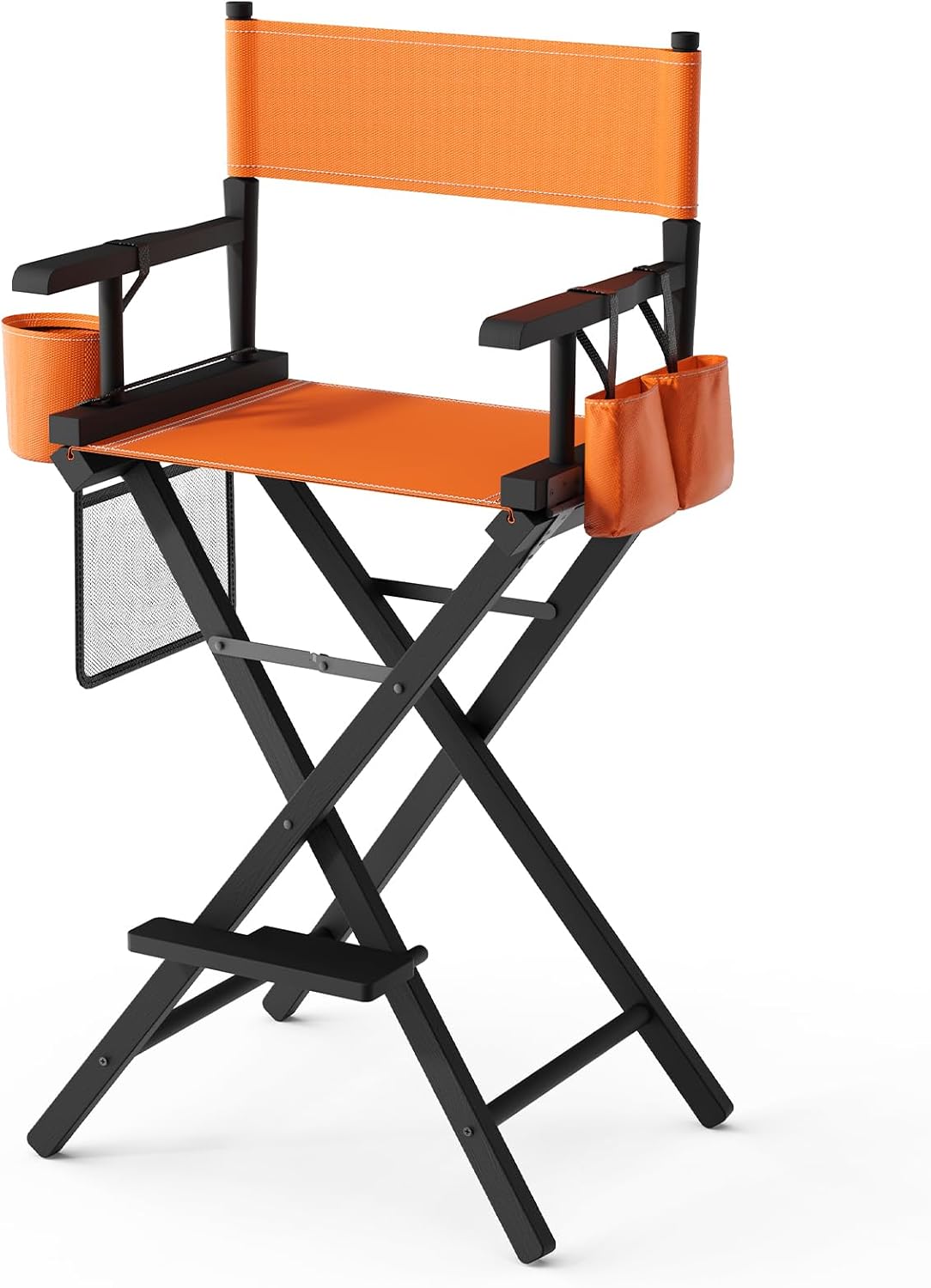 OmySalon Director's Chair 31" Height Folding Portable w/Storage Pouch & Footrest, Makeup Artist Chair for Salon, Events, Mobile, 250lb Capacity, Black Wood Frame & Orange Canvas Seat