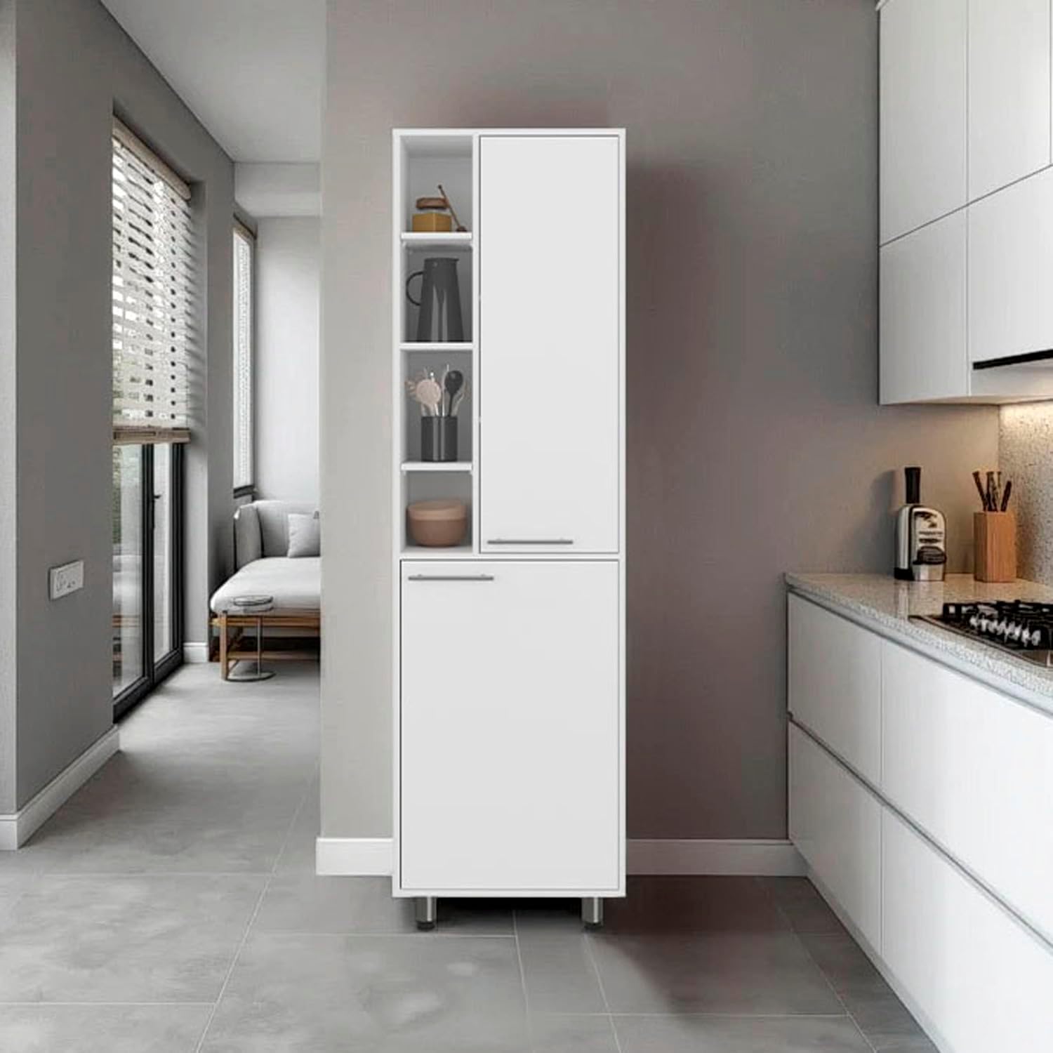 Florence Kitchen Pantry, Multiple Open and Closed Shelves, Modern Design, White