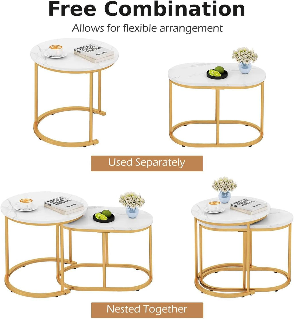 Multigot Nesting Tables Set of 2, Stacking End Side Table, Marble Accent Snack Coffee Tea Table for Living Room, Bedroom and Balcony (Marble + Golden)