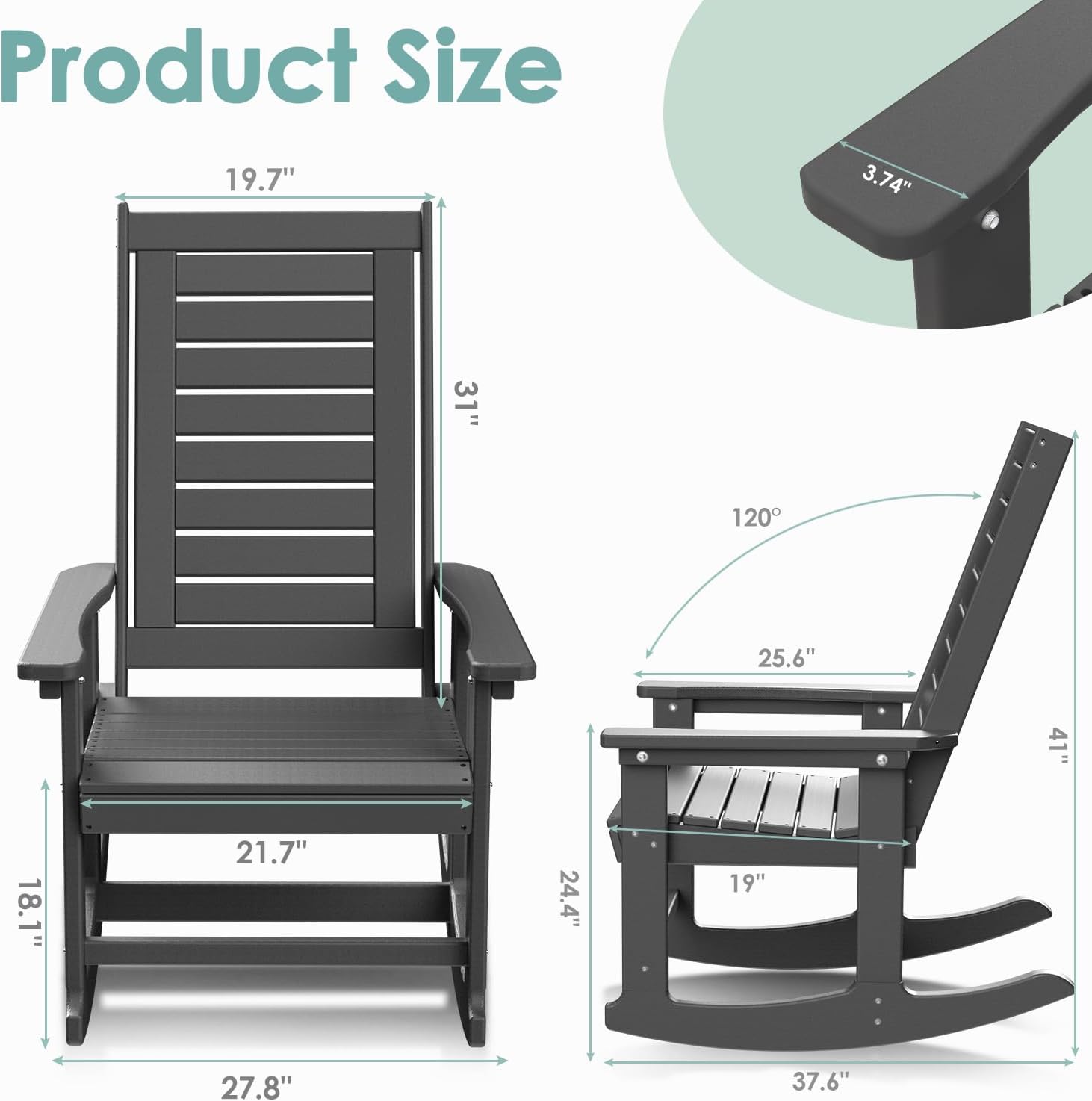 IVY&LANE Outdoor Rocking Chairs Set of 2 | Porch-Rockers | Grey | HDPE Plastic | All-Weather | High Back | Wide Seat | Oversized Patio Rocker for Adult | for Outside Deck Balcony Garden