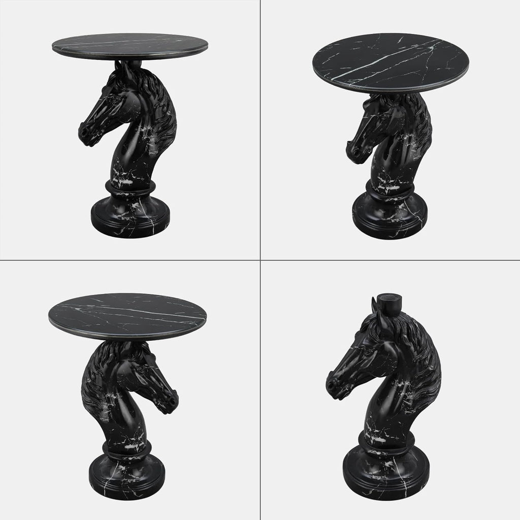Horse Head Accent Side Table, Unique Animal End Table with Round Faux Marble Top, Animal Statues for Home Decor, Modern Classical Floor Statue for Living Room Bedroom Entryway (Horse Head-B)