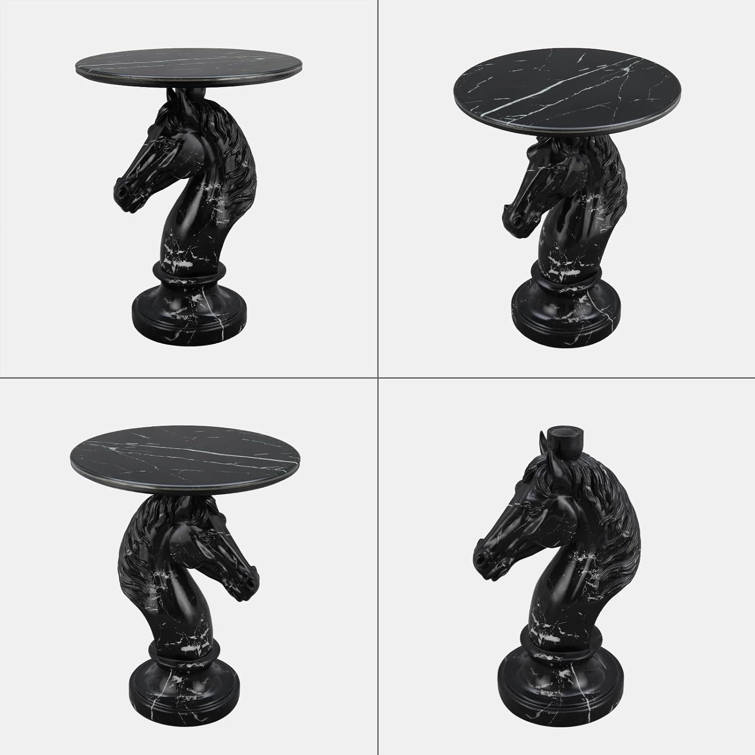 Horse Head Accent Side Table, Unique Animal End Table with Round Faux Marble Top, Animal Statues for Home Decor, Modern Classical Floor Statue for Living Room Bedroom Entryway (Horse Head-B)