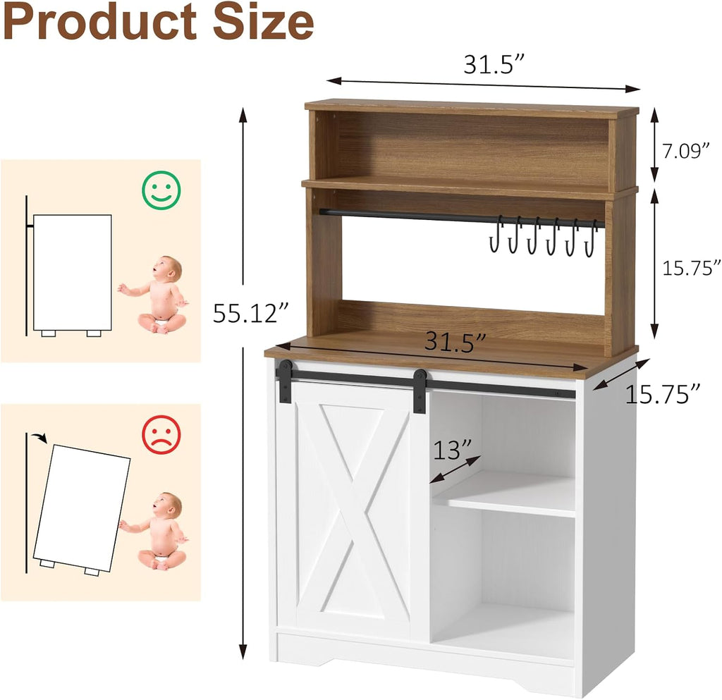 Farmhouse Coffee Bar with Hutch, 55 Inch White Coffee Bar Cabinet Storage with LED Light and Sliding Barn Door, Buffet Cabinet with 6 Hooks, Adjustable Shelves for Living Dining Room