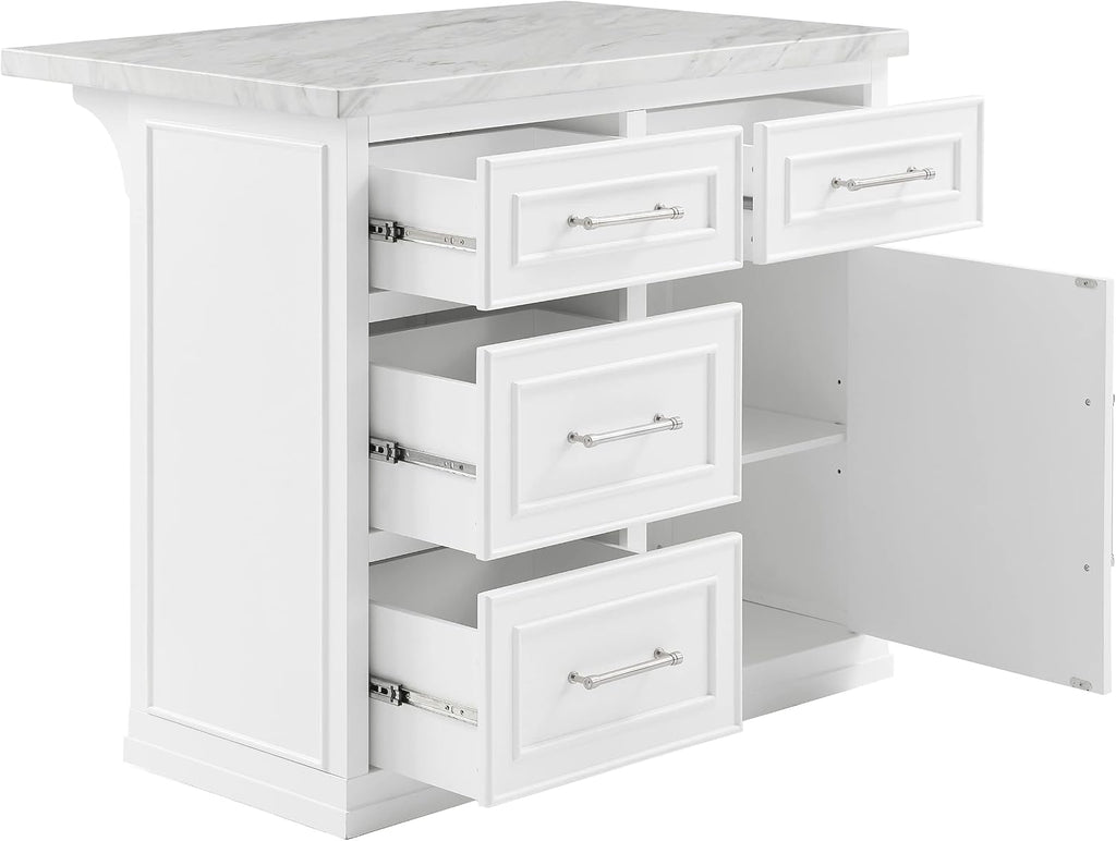 Crosley Furniture Cutler Faux Marble Top Kitchen Island with Storage, Breakfast Bar, Microwave Stand, White