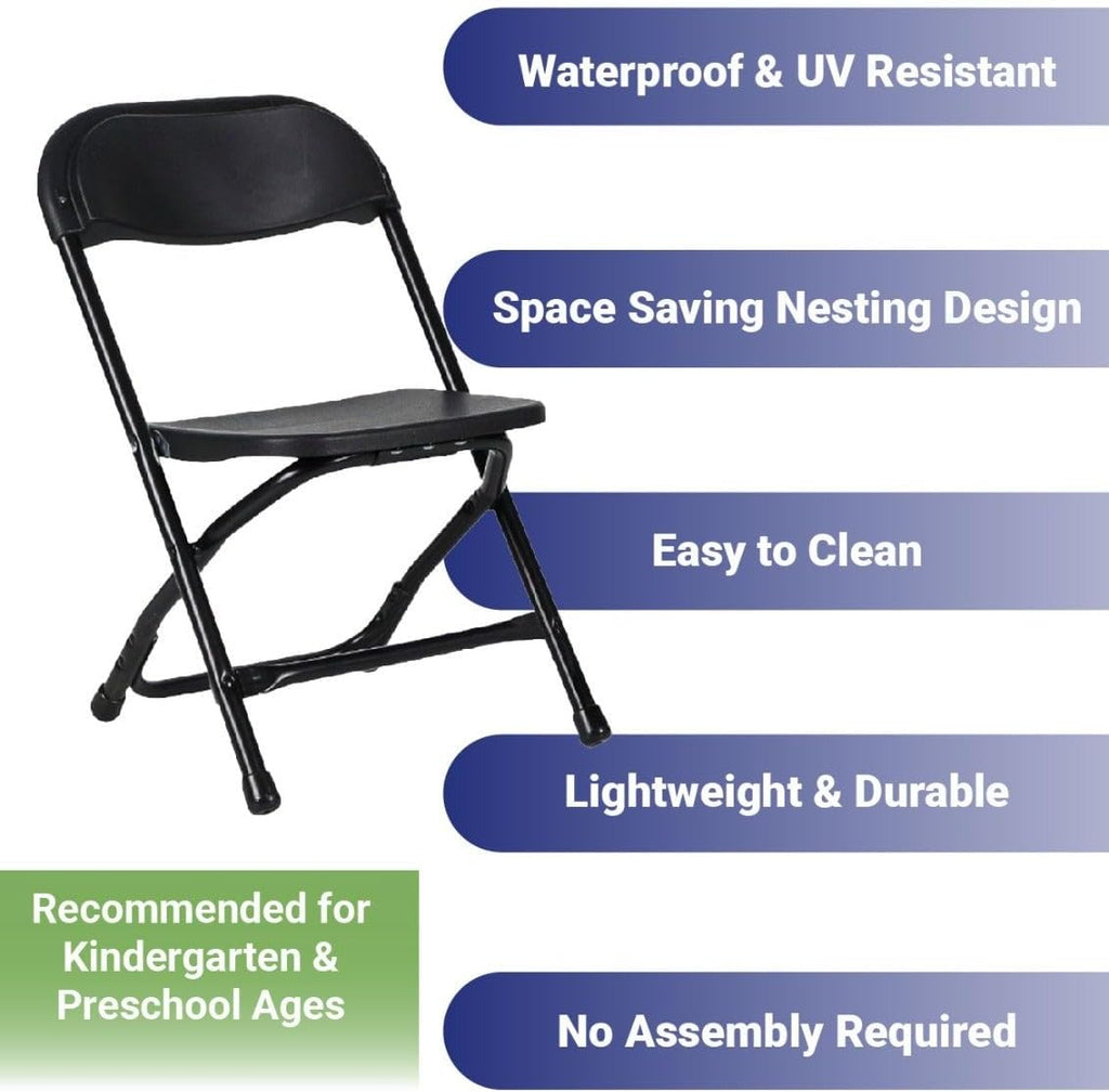 TentandTable Kids Folding Plastic Chair with Metal Frame, Lightweight Stackable Toddler Chairs for Classroom Table Desk Parties Events Weddings and Home Use, Black Pack of 4 Chairs