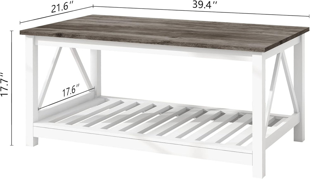 Farmhouse Coffee Table and End Table Set, Oak Grey Wooden Living Room Furniture with Slats Base, Oak Grey