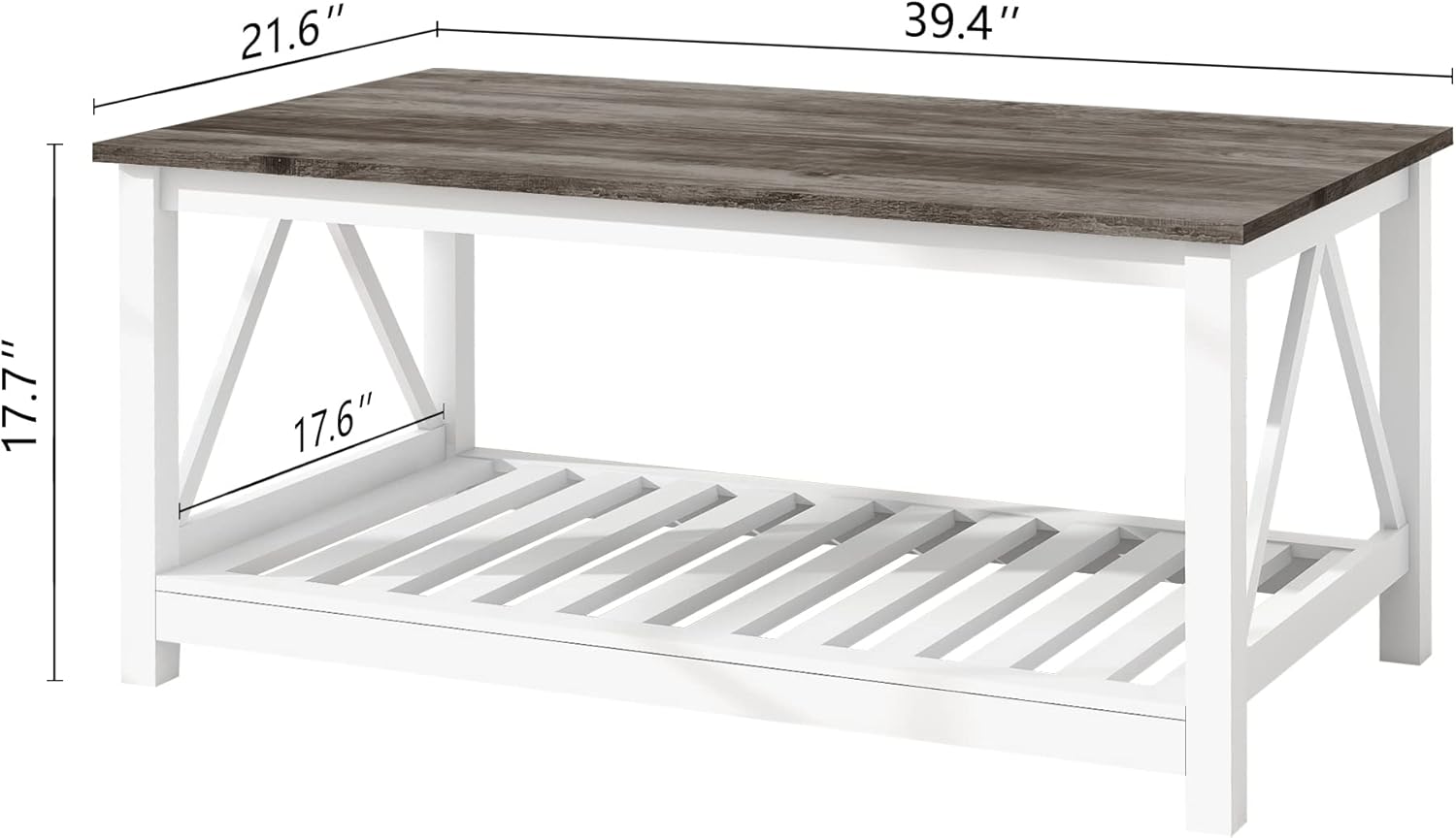 Farmhouse Coffee Table and End Table Set, Oak Grey Wooden Living Room Furniture with Slats Base, Oak Grey