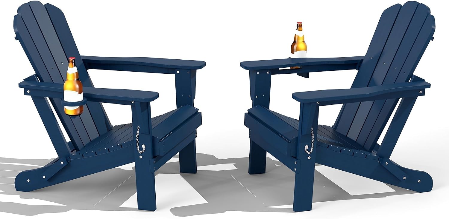 Domi Folding Adirondack Chair Set of 2, HDPE All-Weather Adirondack Chairs with Cup Holder, Outdoor Plastic Fire Pit Chairs Wood Texture for Poolside, Patio, Backyard, Deck (Blue)