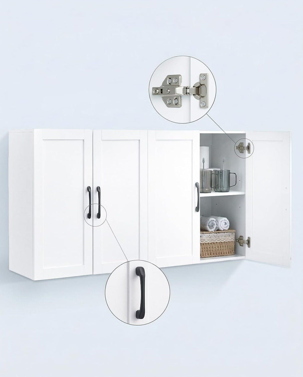 Wall Cabinet with Adjustable Shelves, Laundry Room Cabinet with 4 Doors, Kitchen Storage Cupboard Cabinet, Wall Mount Medicine Cabinet for Bathroom, Living Room, White