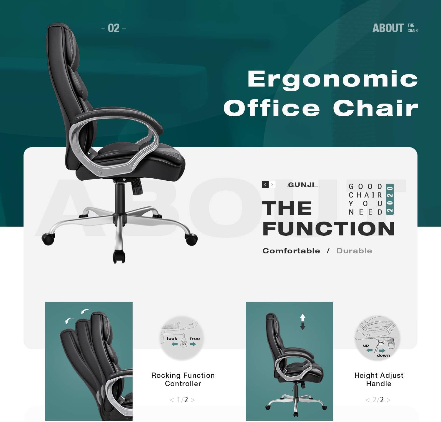GUNJI Office Chair PU Leather High Back Executive Chair Ergonomic Computer Chair, Modern Adjustable Home Desk Chair Swivel Managerial Chair with Padded Armrests and Lumbar Support (Black)