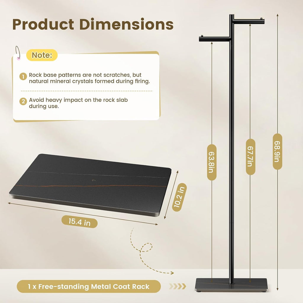 Metal Freestanding Coat Rack, 68.9"H Z-Shaped Coat Tree with Natural Rock Base, Modern Clothes Hanger Stand for Coats, Hats, Bags & Scarves, Ideal for Entryway, Bedroom, Office & Living Room