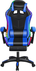 Gaming Chair, Computer Chair with Footrest and Lumbar Support, Height Adjustable Game Chair with 360° Swivel Seat and Headrest, High Back Office Chair with Bluetooth Speakers and LED Lights Blue
