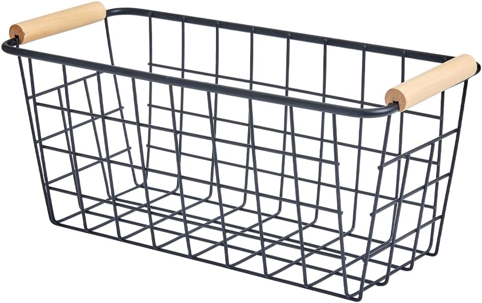 Black Metal Hanging Baskets with Handle, Wire Wall Storage Organizer with Hooks, Adhesive baskets for Kitchen, Bathroom, Pantry,Spice Rack, Cabinet Organizer, Shower Caddy 4-Pack