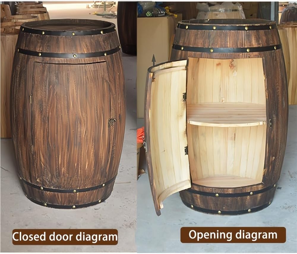 Wood Whiskey Barrel Tables, Barrels Side Table with Door, Bar Decorative Wine Cabinet with Shelf for Home, Wine Cellars and Bar(23.62 * 15.35in)