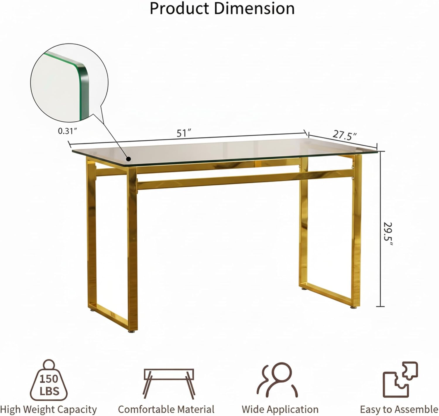 51''Glass Dining Table, Modern Rectangle Kitchen Table with Tempered Glass Tabletop and Metal Leg for 4, Writing Table Desk, for Kitchen Dining Living Room (Golden)